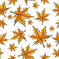 Seamless pattern with maple leaves on an isolated background. Windy colored leaves.