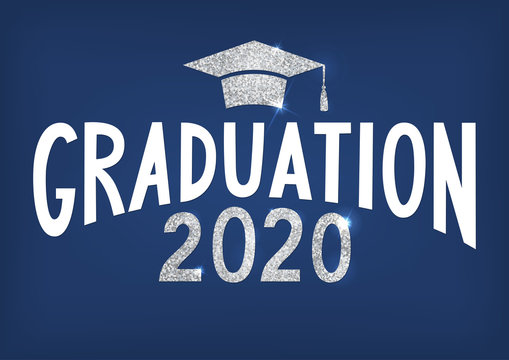 Graduation 2020. Lettering With Silver Glitter Cap And Year. Vector Illustration On Blue Background.