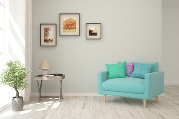 Stylish room in white color with armchair. Scandinavian interior design. 3D illustration