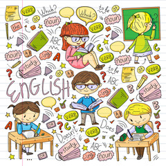 English school for children. Learn language. Education vector illustration. Kids drawing doodle style image.