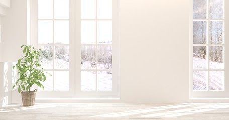 Mock up of empty room in white color with winter landscape in window. Scandinavian interior design. 3D illustration