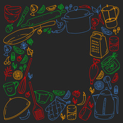 Cooking class. Menu. Kitchenware, utencils. Food and kitchen icons.