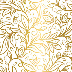 Fototapeta na wymiar Gold and white leaves seamless pattern. Vintage vector ornament template. Paisley elements. Great for fabric, invitation, background, wallpaper, decoration, packaging or any desired idea.