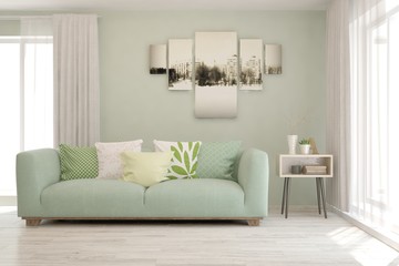 Modern living room in white color with sofa. Scandinavian interior design. 3D illustration