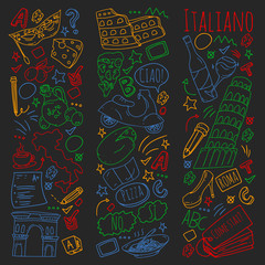Italian language learning. Vector pattern with icons and national symbols of Italy.