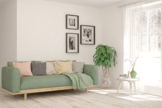 Modern living room in white color with sofa. Scandinavian interior design. 3D illustration