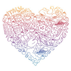 Italy vector elements and icons. Doodle pattern with italian culture, cities Roma, Venice, Milan, cheese, wine.