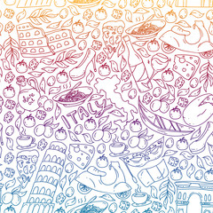 Italy vector elements and icons. Doodle pattern with italian culture, cities Roma, Venice, Milan, cheese, wine.