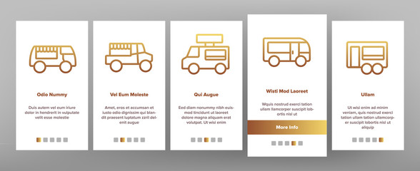 Fototapeta na wymiar Food Truck Transport Onboarding Icons Set Vector. Food Truck Vehicle With Sausage On Roof, Catering Trailer Street Cafe Illustrations