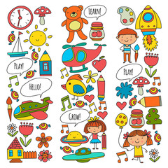 Fototapeta premium Vector icons and elements. Kindergarten, toys. Little children play, learn, grow together.