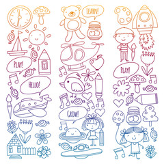 Vector icons and elements. Kindergarten, toys. Little children play, learn, grow together.