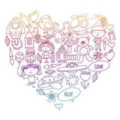 Fototapeta premium Vector icons and elements. Kindergarten, toys. Little children play, learn, grow together.