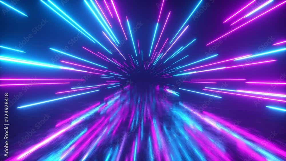 Aufkleber flying in space with luminous neon lines. hyperspace. modern ultraviolet spectrum of light. blue pur