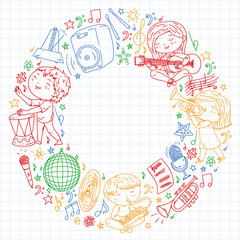 Children play music. Musical education, theatre, school.