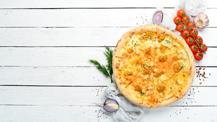 Pizza with chicken, cheese and mustard. Top view. Free space for your text.