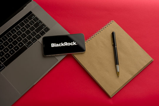 Tula, Russia - February 07, 2020: Logo Blackrock on a smartphone near modern laptop on red background