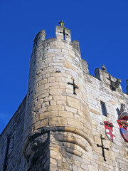 a close up of a corner turret on Micklegate Bar the 12 century gatehouse and southern entrance to...