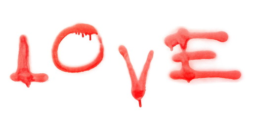 Word love, red spray stain, graffiti isolated on white background
