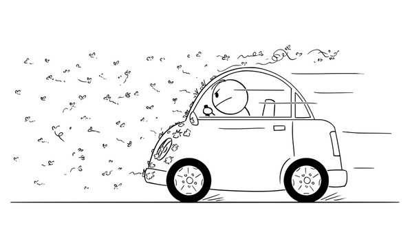 Vector cartoon stick figure drawing conceptual illustration of man driving car through swarm of bugs, flies, mosquito or insect.