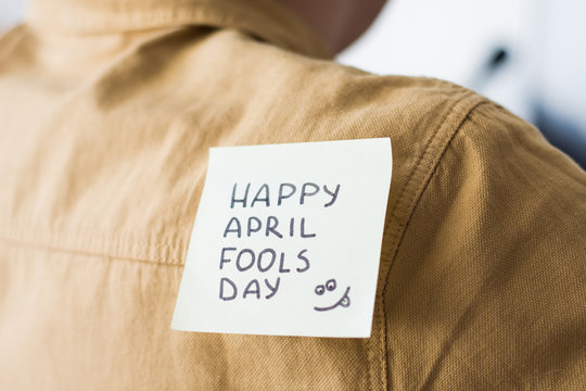 April 1 is day of fools.Funny day.April fish.Practical jokes.Inscriptions on the back.Stickers with jokes.Trick at work. Cheerful colleagues.Glued leaf on back.Colored stickers with inscriptions.