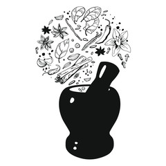 Hand drawn vector illustration Mortar and pestle in a wreath of spices and herbs