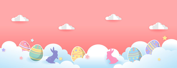 Easter banner with eggs and rabbit on pink background	