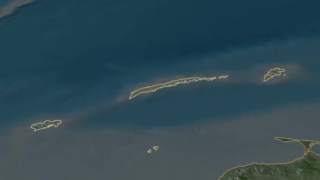 Islas de la Bah&iacute;a, department with its capital, zoomed and extruded on the satellite map of Honduras in the conformal Stereographic projection. Animation 3D
