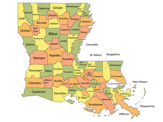 Colorful Parish Map With Parishes Names of the US Federal State of Louisiana