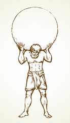 Atlas keeps the earth on their shoulders. Vector drawing silhouette
