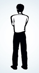 A man stands and looks into the distance. The view from the back. Vector drawing