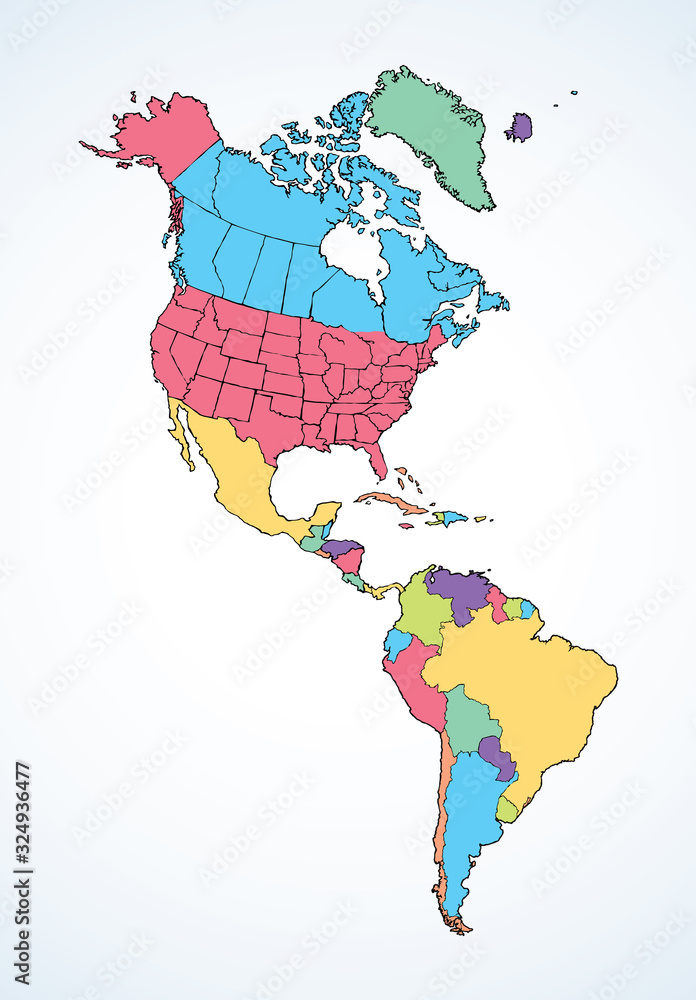 Wall mural North American continent with contours of countries. Vector drawing