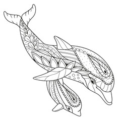 Antistress coloring book Dolphin with baby Dolphin in Zen style