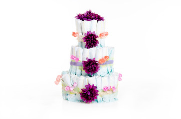 a diaper cake for shower baby on white background