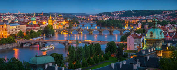 Panoramic aerial view of the city of Prague at night, Czech Republic