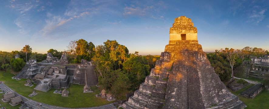 Panoramic aerial view of the Great Jaguar pyramid, Tikal, Guatemala