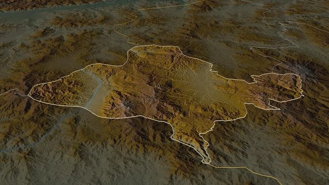 Ocotepeque, department with its capital, zoomed and extruded on the relief map of Honduras in the conformal Stereographic projection. Animation 3D