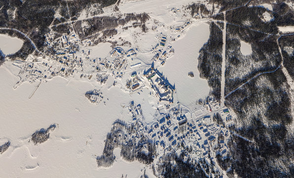 Aerial view of Solovetsky Islands in winter, Russia