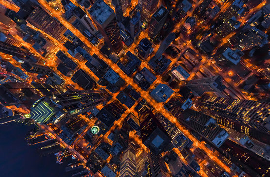 Aerial view of the city of Seattle at night, USA