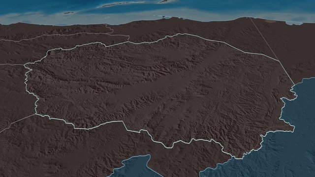 Olancho, department with its capital, zoomed and extruded on the administrative map of Honduras in the conformal Stereographic projection. Animation 3D