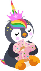 Unicorn penguin sitting eating a pink donut