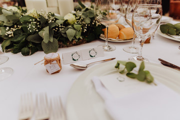 Coziness and style. Modern event design. Table setting at wedding reception.