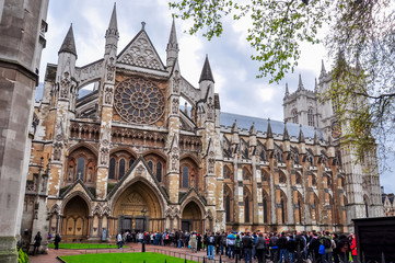 London, UK - April 2018: People in line to visit Westminster Abbey