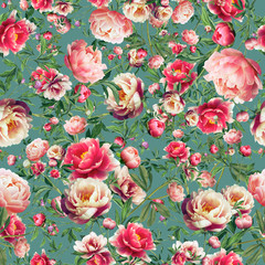 Pink and green floral pattern on a white background, seamless © Uliana