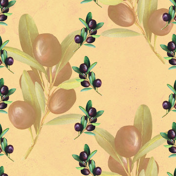 Stained beige pattern, olive illustrations, seamless design