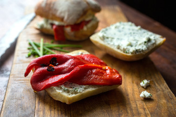 View of herbed goat cheese sandwich with roasted red pepper