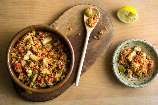 Directly above view of bulgur with brussels sprouts