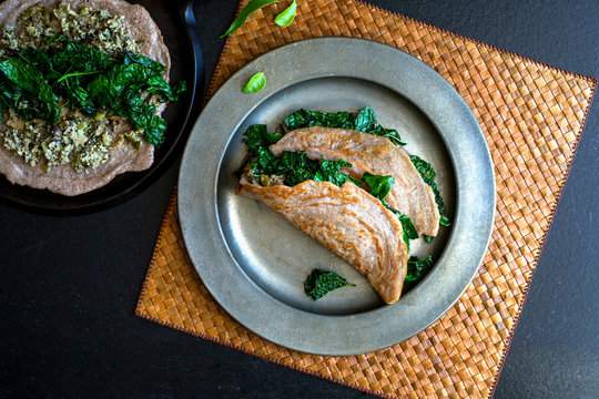 Dosas with green mustards and chutney