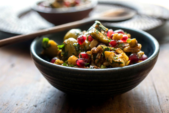 Cracked green olive, walnut and pomegranate relish