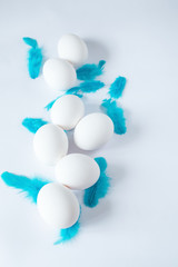 Easter eggs with blue feathers on isolated background. Easter mockup. Top view.