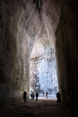 nterior of the excavated cave, called Orecchio di Dioniso, near the Greek theater of Syracuse, in Sicily Italy.
